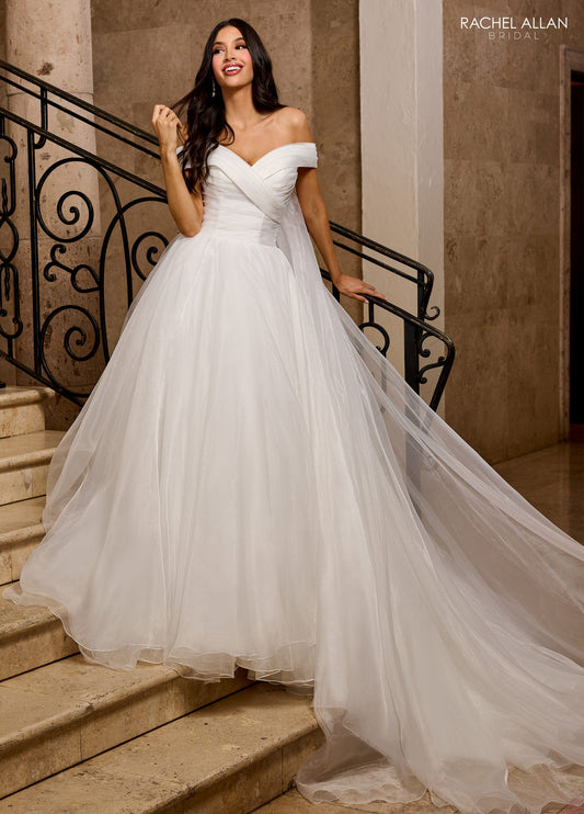 Rachel Allan RB5046 Tissue Organza A-Line Wedding Dress with Off-the-Shoulder Neckline and Chapel Train