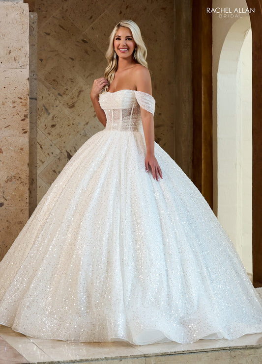 Rachel Allan RB6134 Beaded Tulle Ballgown with Off-the-Shoulder Neckline and Lace-Up Back Detail