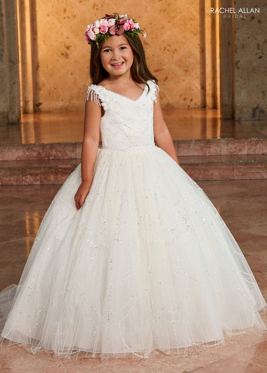 Rachel Allan RB9140 Glitter Tulle Ballgown for Flower Girls , V-Neckline, Embellished Bodice, Lace-Up Back , 3D Flowers & Fringe , Available in Ivory & White