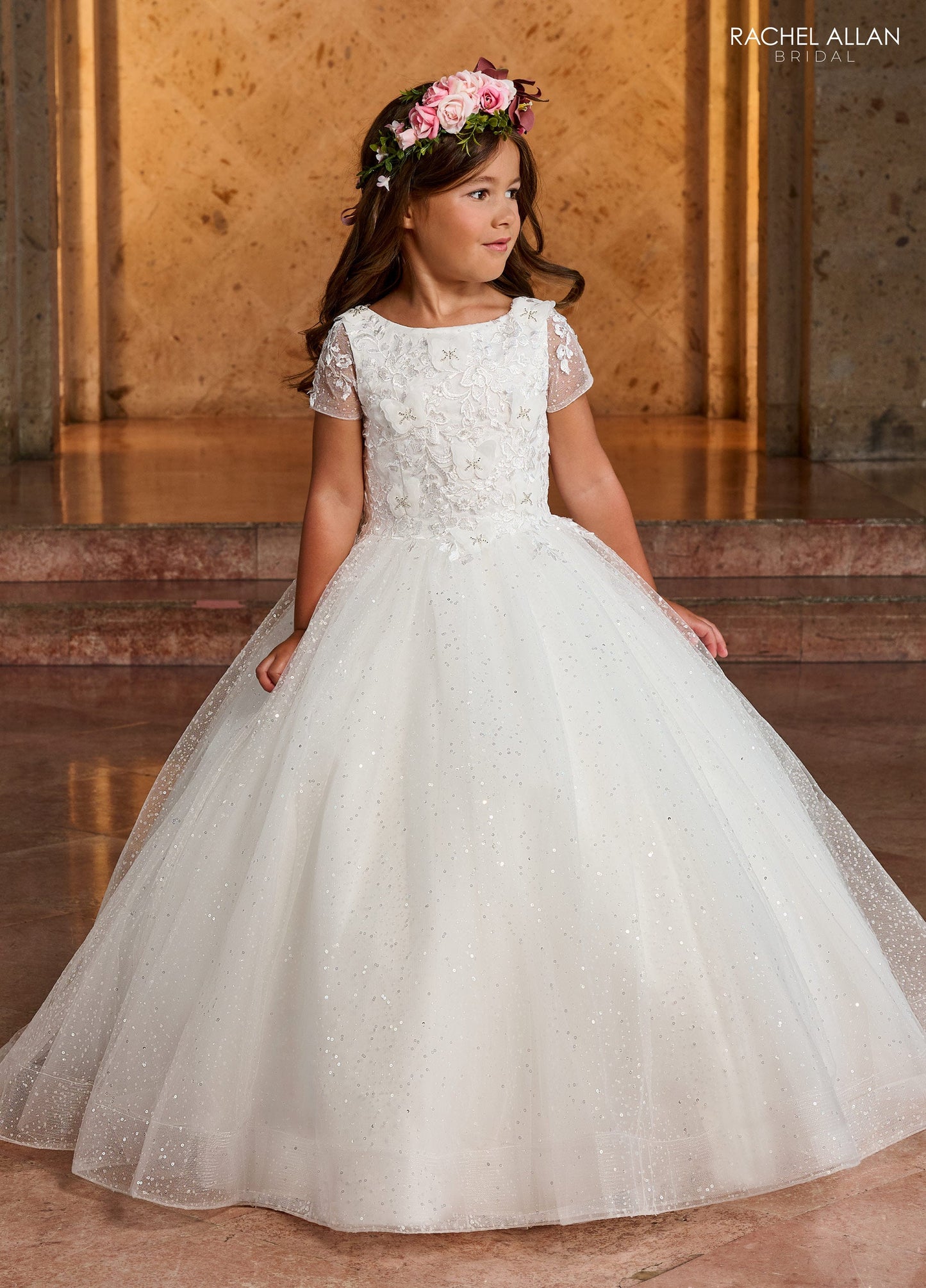 Rachel Allan RB9141 Sequin Tulle Ballgown with Sheer Cap Sleeves and 3D Flowers