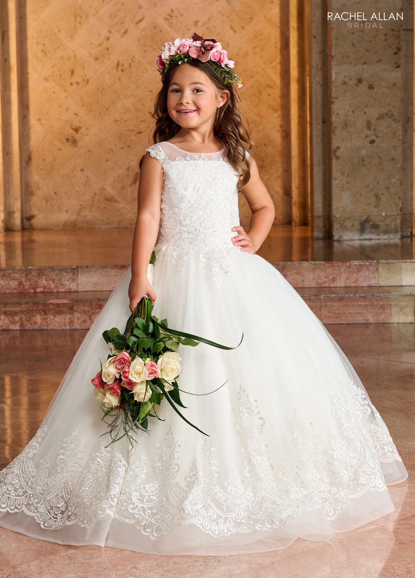 Rachel Allan RB9144 Tulle Applique Beaded Ballgown with Sheer Bodice and Lace-Up Back