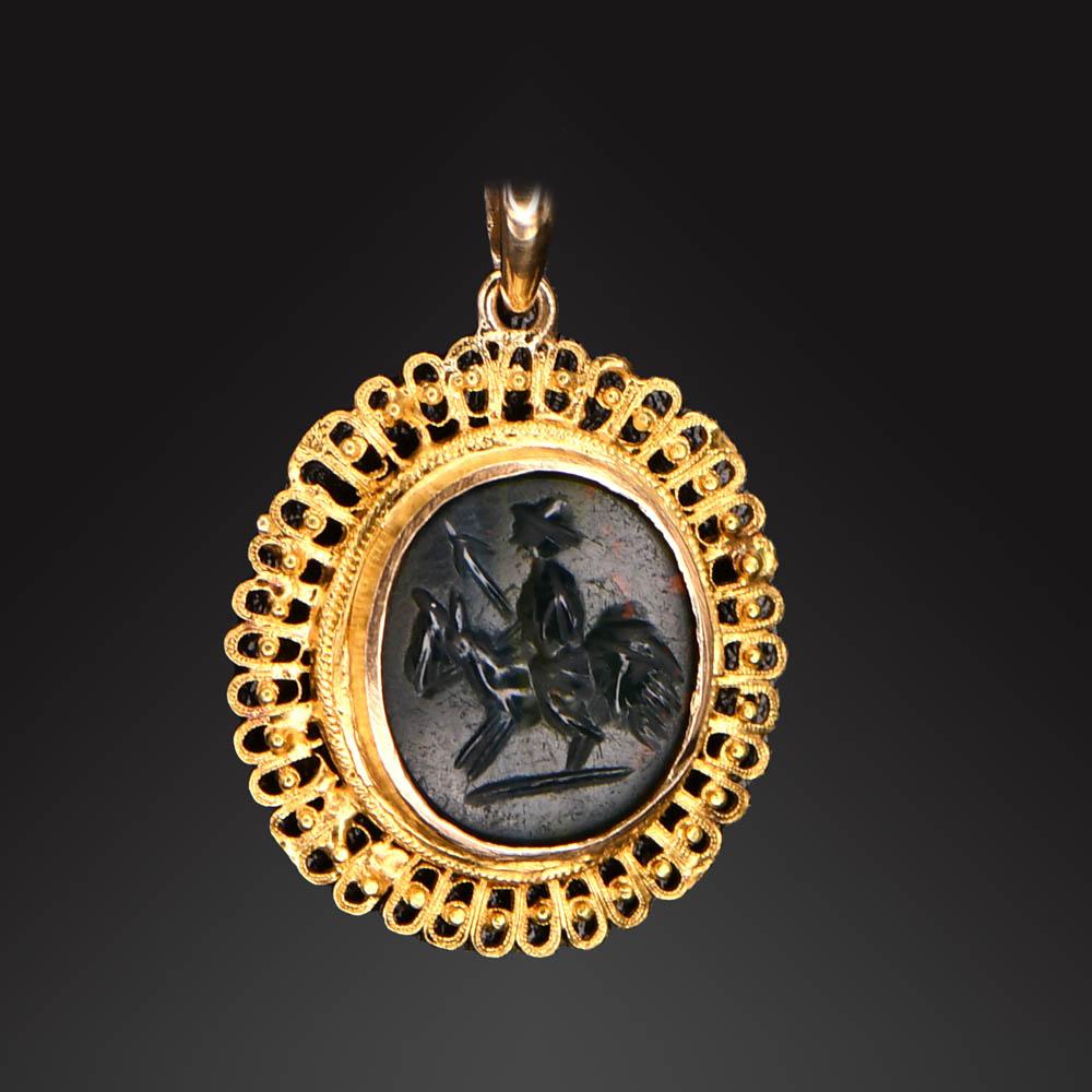 A Roman Bloodstone Intaglio of a Warrior, Roman Imperial Period, ca. 1st century CE