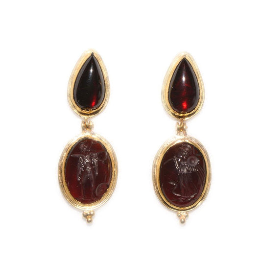 A pair of Greek Revival Gold Earrings with Garnet Intaglios, 19th Century