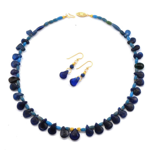 A Roman Blue Glass Necklace with Earrings, Roman Imperial Period, ca. 1st - 2nd Century CE