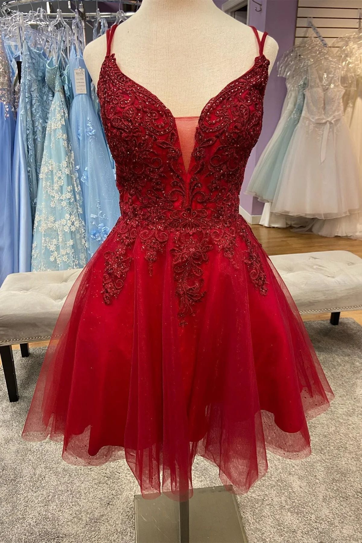 Red Plunge V neck Lace Top Homecoming Dress