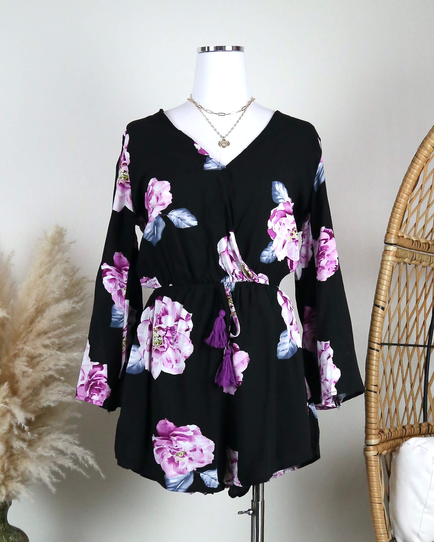 Reverse - Floral Print Black Surplice Romper