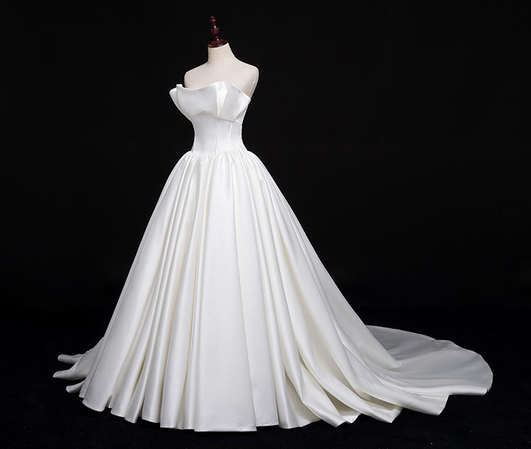 Romantic Unique Satin Ball Gown Cathedral Train Wedding Dress with Long Train #21011205