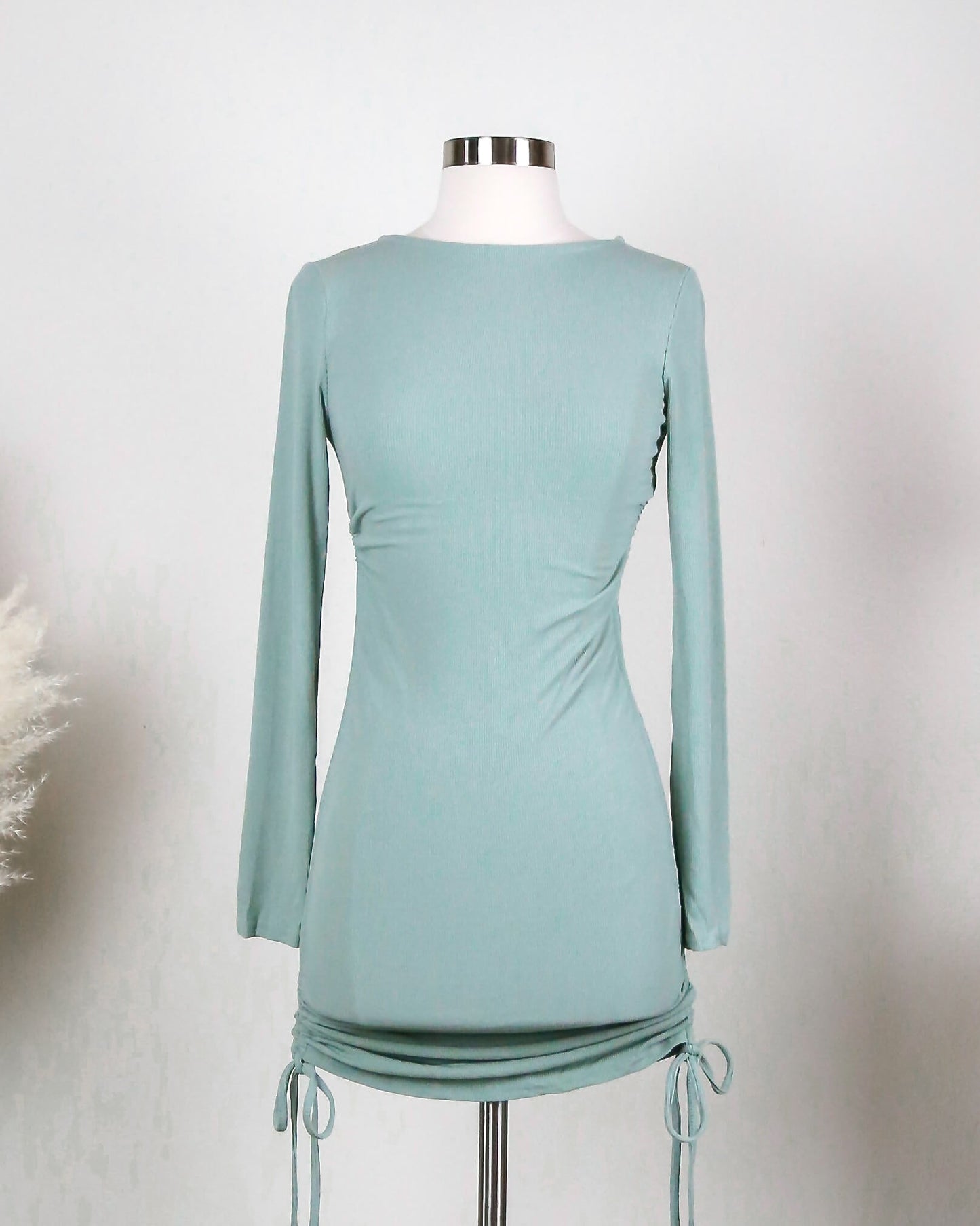 Ruched Long Sleeve Ribbed Dress in Sage