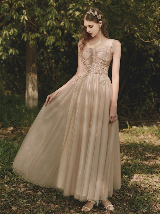 Rustic Champagne Flowy Prom Dress Long Wedding Dress