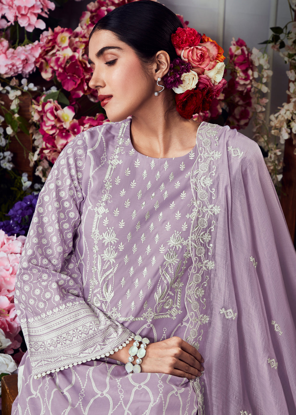 Periwinkle Purple Cotton Printed Salwar Suit With Embroidery Work: Summer Collection