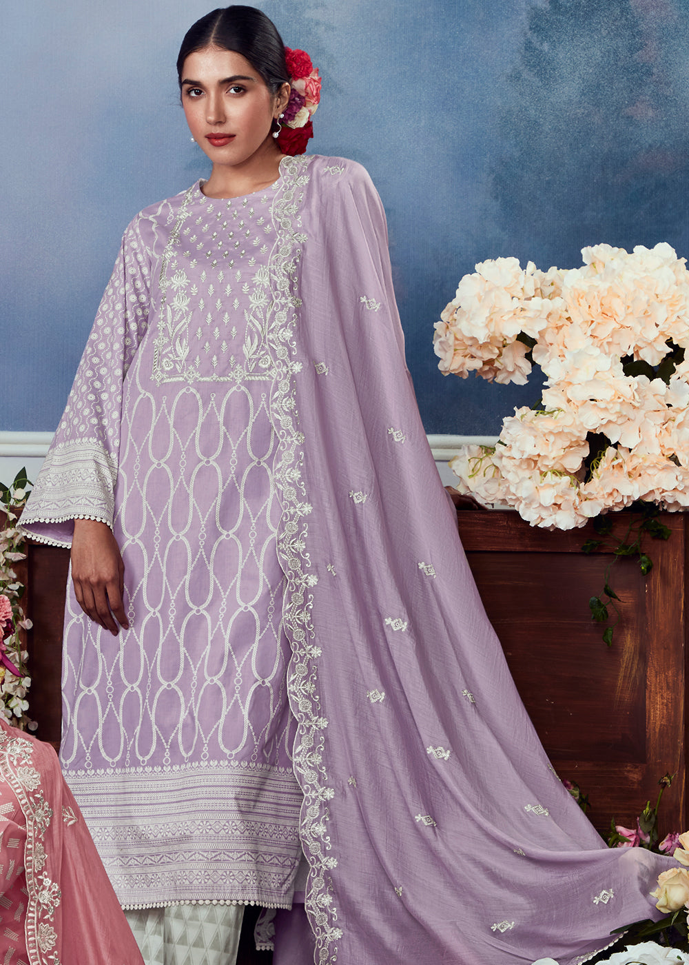 Periwinkle Purple Cotton Printed Salwar Suit With Embroidery Work: Summer Collection