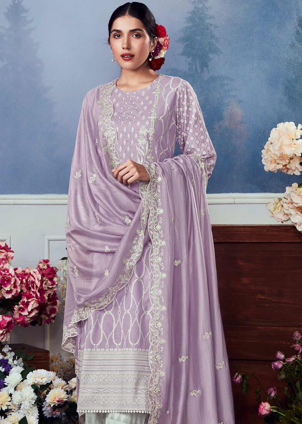 Periwinkle Purple Cotton Printed Salwar Suit With Embroidery Work: Summer Collection