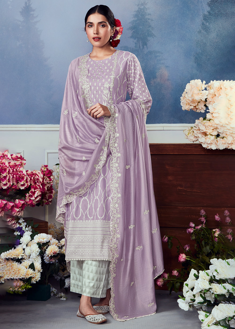 Periwinkle Purple Cotton Printed Salwar Suit With Embroidery Work: Summer Collection