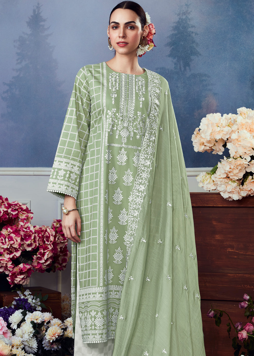 Pastel Green Cotton Printed Salwar Suit With Embroidery Work: Summer Collection