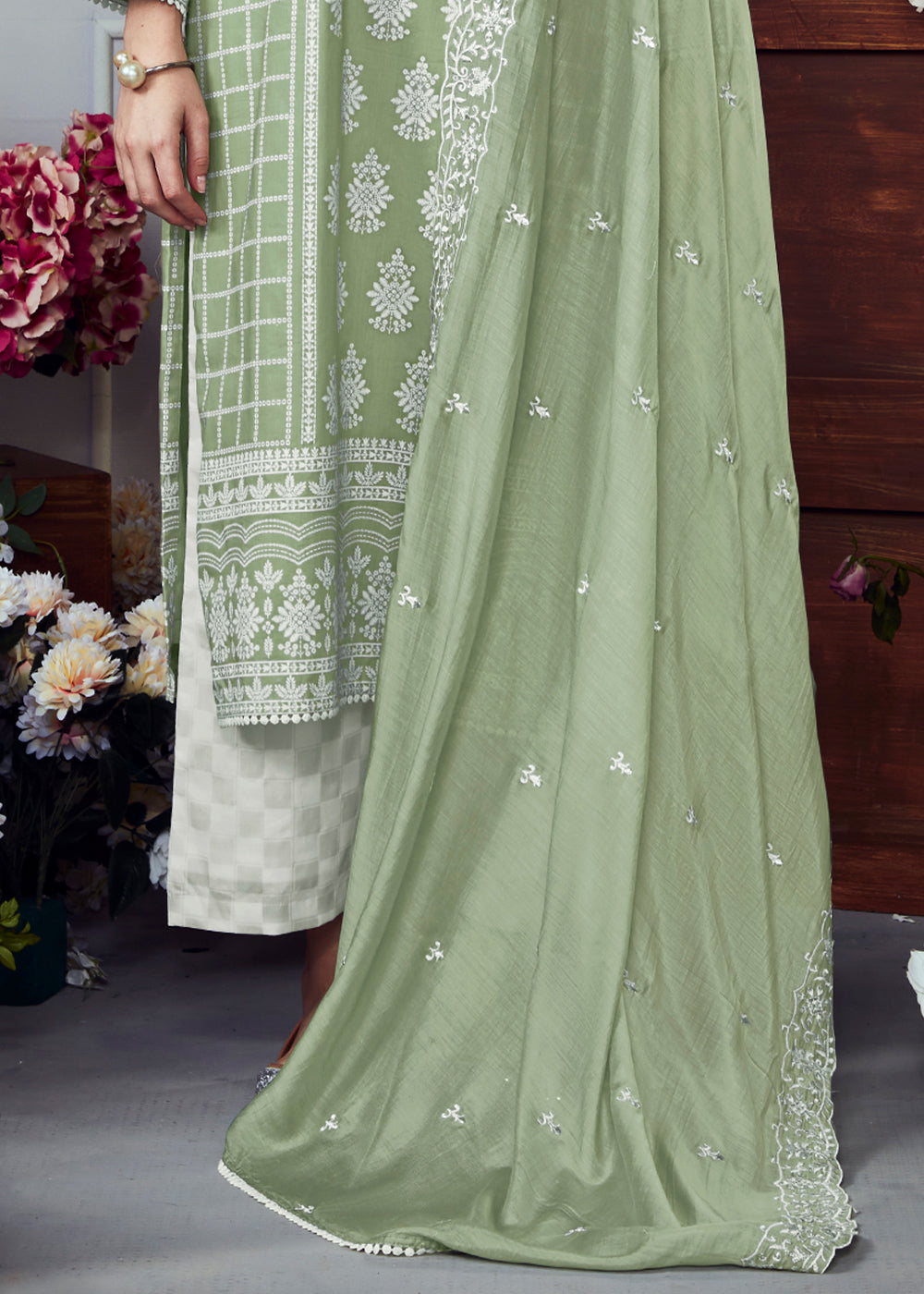 Pastel Green Cotton Printed Salwar Suit With Embroidery Work: Summer Collection