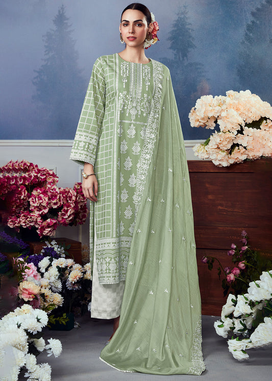 Pastel Green Cotton Printed Salwar Suit With Embroidery Work: Summer Collection