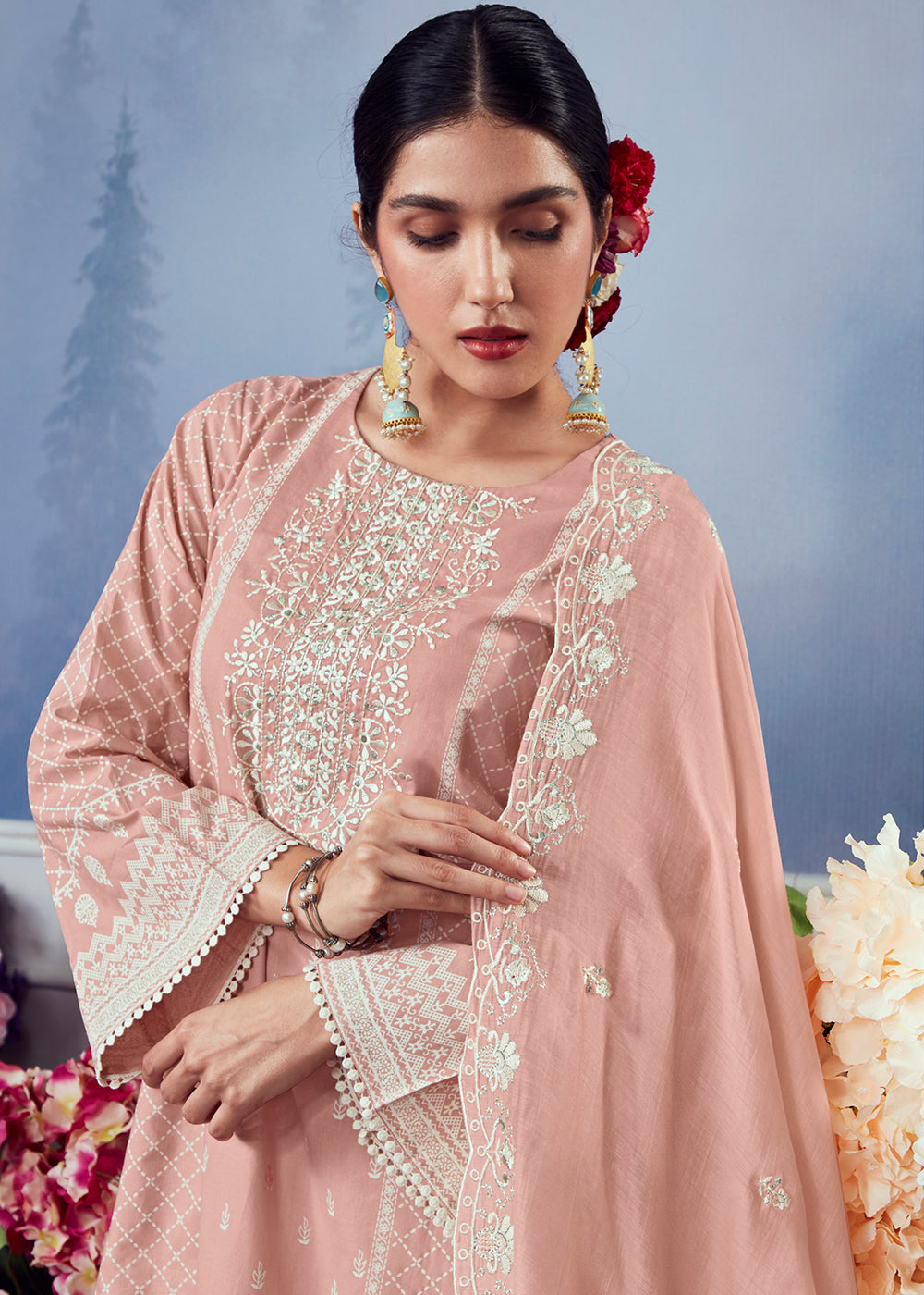 Salmon Pink Cotton Printed Salwar Suit With Embroidery Work: Summer Collection