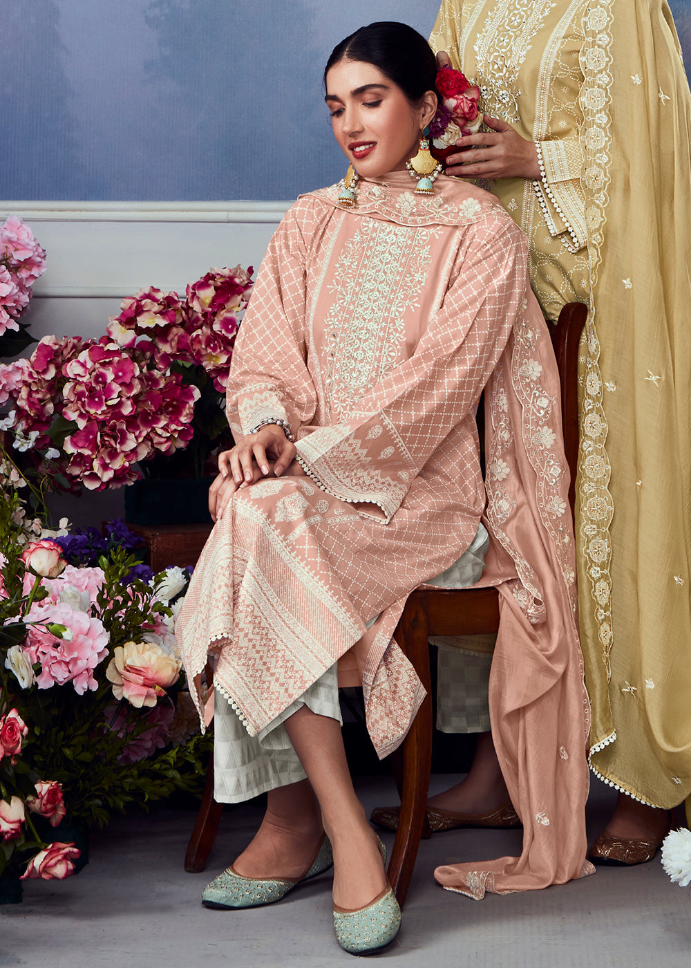 Salmon Pink Cotton Printed Salwar Suit With Embroidery Work: Summer Collection