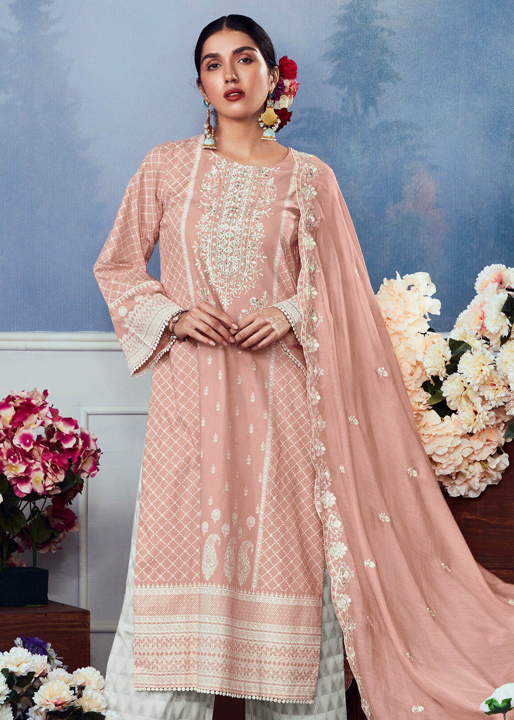 Salmon Pink Cotton Printed Salwar Suit With Embroidery Work: Summer Collection