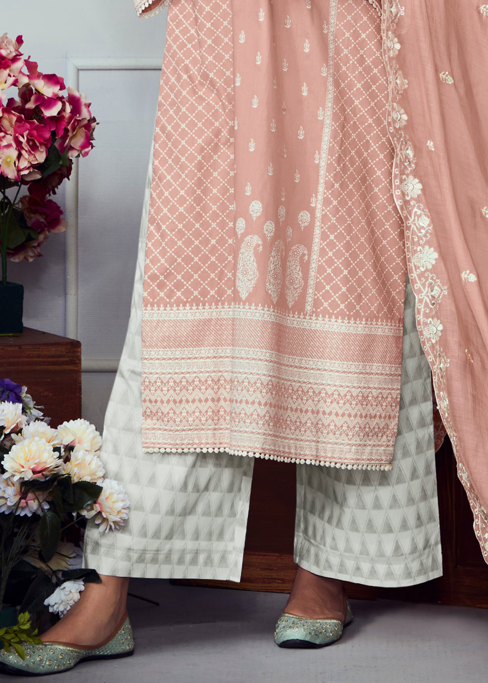 Salmon Pink Cotton Printed Salwar Suit With Embroidery Work: Summer Collection