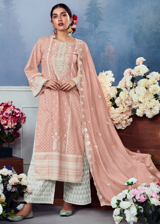 Salmon Pink Cotton Printed Salwar Suit With Embroidery Work: Summer Collection