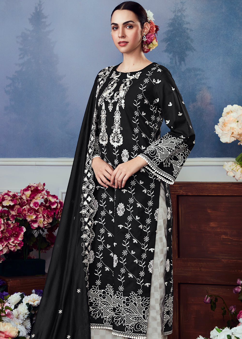 Raven Black Cotton Printed Salwar Suit With Embroidery Work: Summer Collection