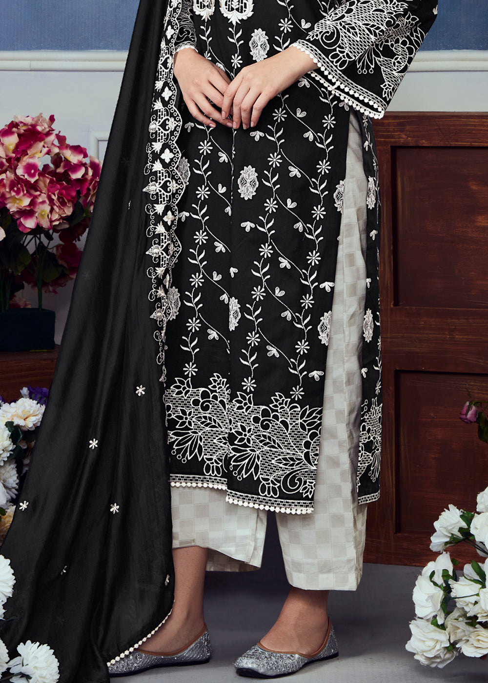 Raven Black Cotton Printed Salwar Suit With Embroidery Work: Summer Collection