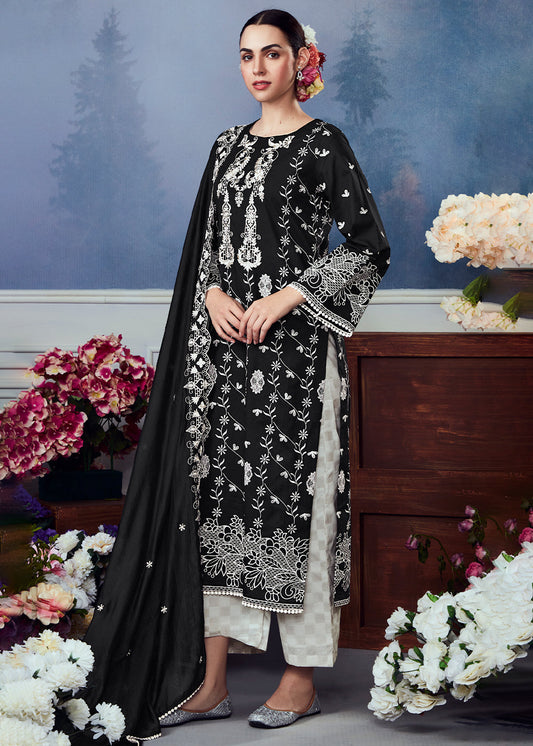 Raven Black Cotton Printed Salwar Suit With Embroidery Work: Summer Collection