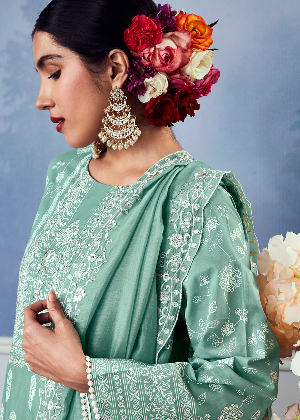 Light Tiffany Blue Cotton Printed Salwar Suit With Embroidery Work: Summer Collection