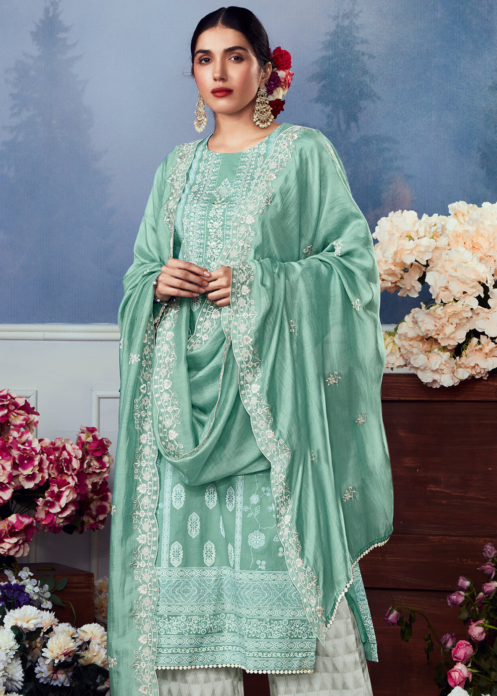 Light Tiffany Blue Cotton Printed Salwar Suit With Embroidery Work: Summer Collection