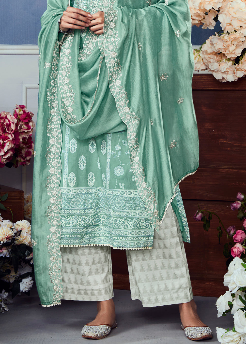 Light Tiffany Blue Cotton Printed Salwar Suit With Embroidery Work: Summer Collection