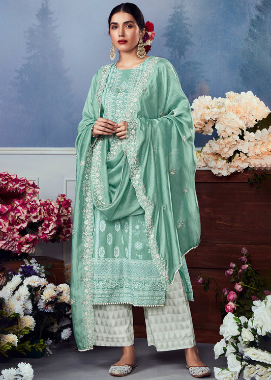 Light Tiffany Blue Cotton Printed Salwar Suit With Embroidery Work: Summer Collection