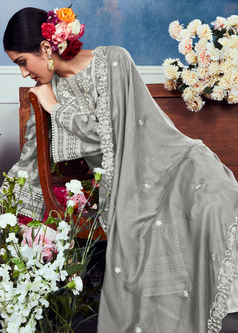 Mink Grey Cotton Printed Salwar Suit With Embroidery Work: Summer Collection