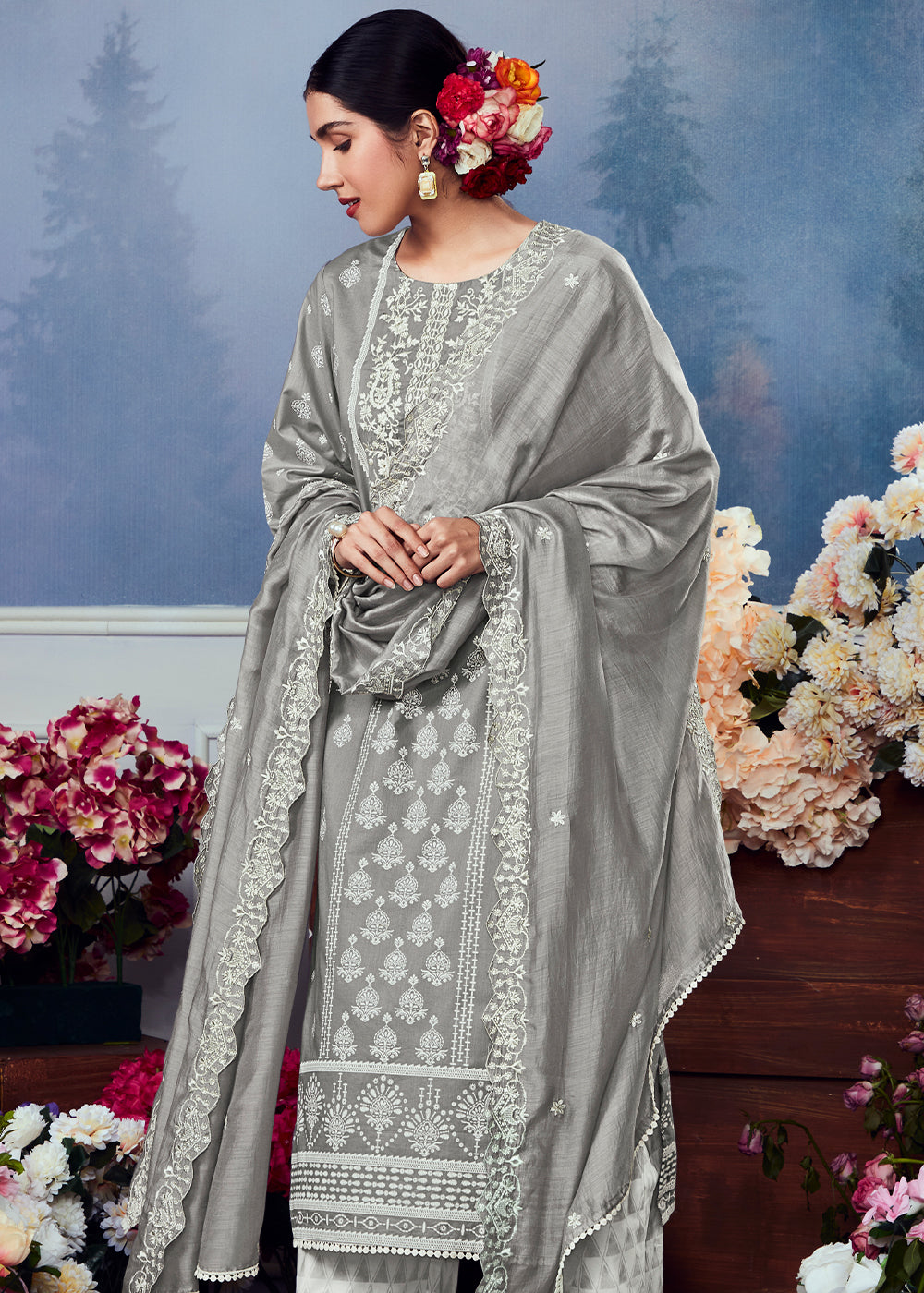 Mink Grey Cotton Printed Salwar Suit With Embroidery Work: Summer Collection