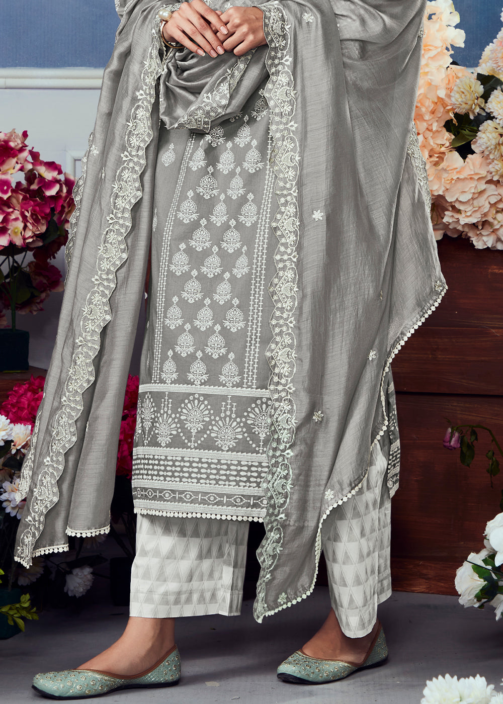 Mink Grey Cotton Printed Salwar Suit With Embroidery Work: Summer Collection