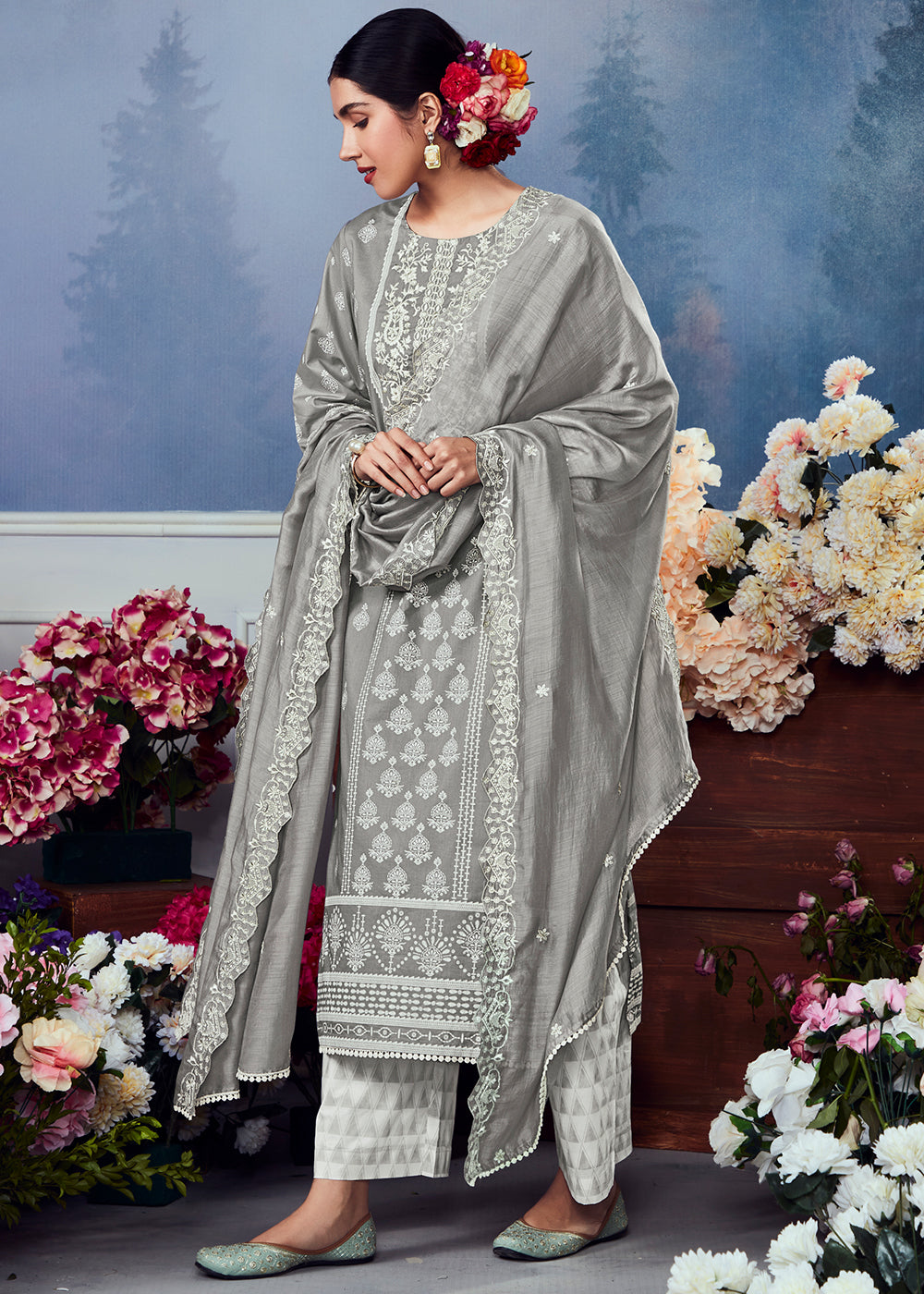 Mink Grey Cotton Printed Salwar Suit With Embroidery Work: Summer Collection