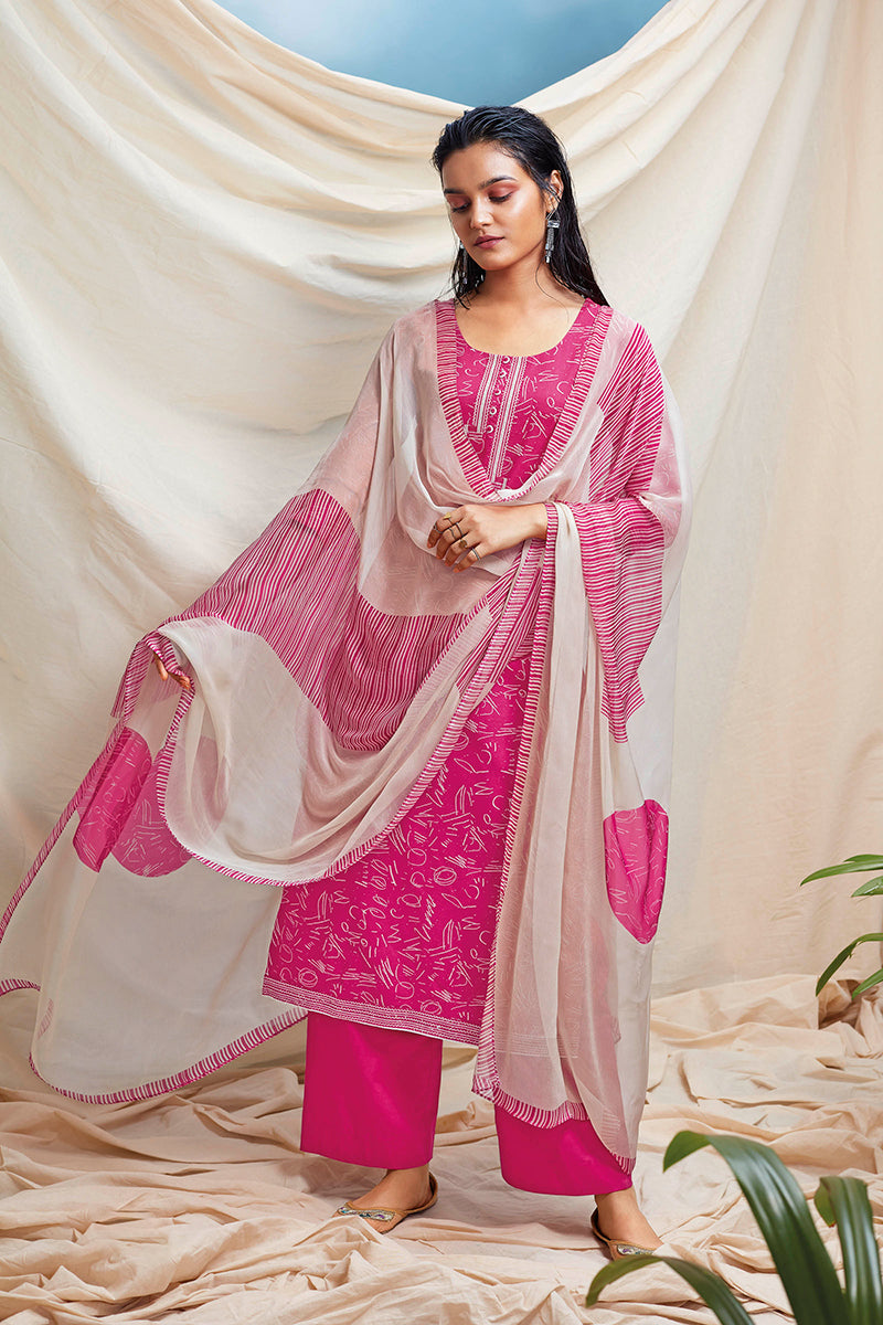 Cotton Kurta with Chiffon Dupatta (Unstitched)