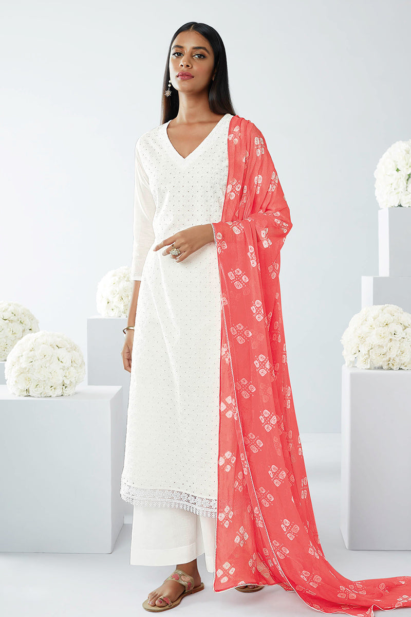 White Premium Cotton Schiffli Suit with Printed Chiffon Dupatta