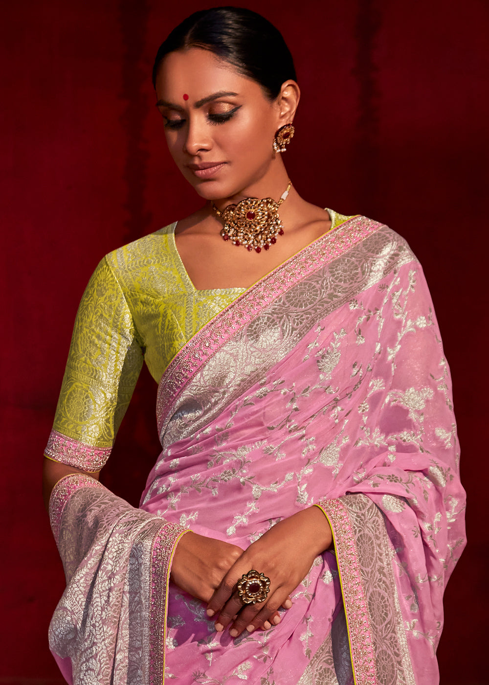 Vivid Pink Zari Woven Khadi Silk Saree with Contrast Blouse