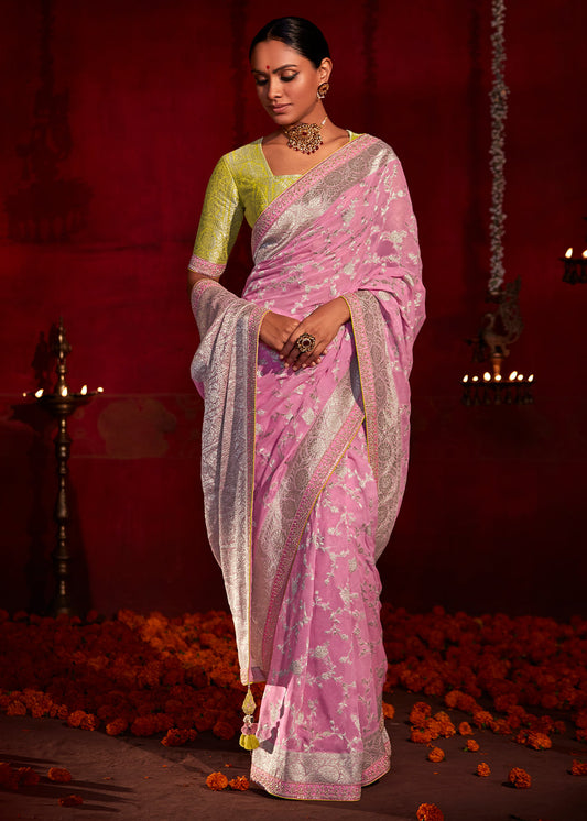 Vivid Pink Zari Woven Khadi Silk Saree with Contrast Blouse