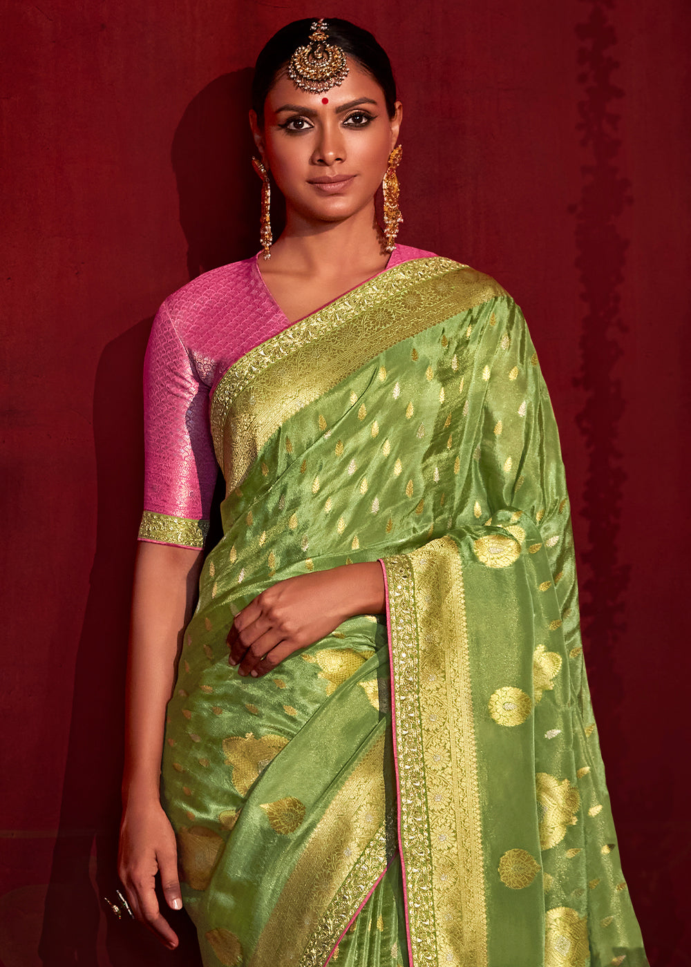 Light Green Zari Woven Khadi Silk Saree with Contrast Blouse