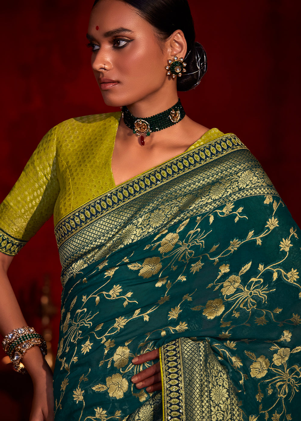 Arabian Green Zari Woven Khadi Silk Saree with Contrast Blouse