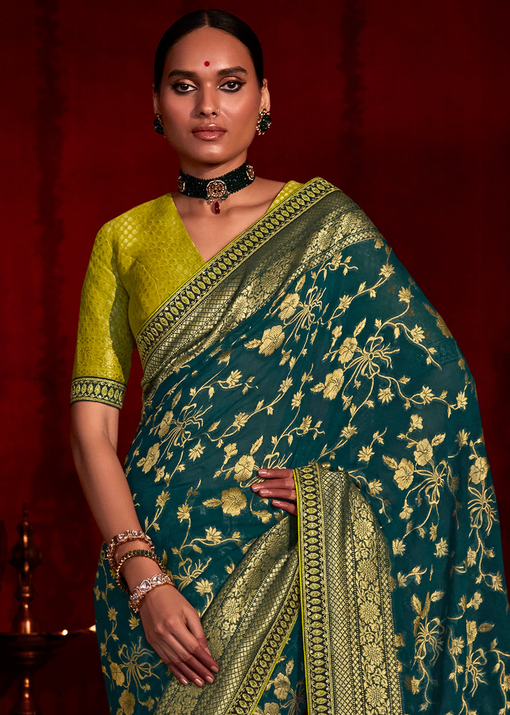 Arabian Green Zari Woven Khadi Silk Saree with Contrast Blouse