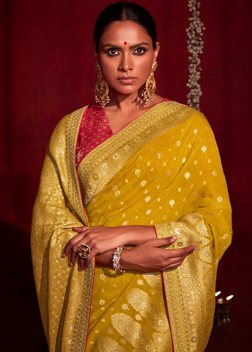 Canary Yellow Zari Woven Khadi Silk Saree with Contrast Blouse