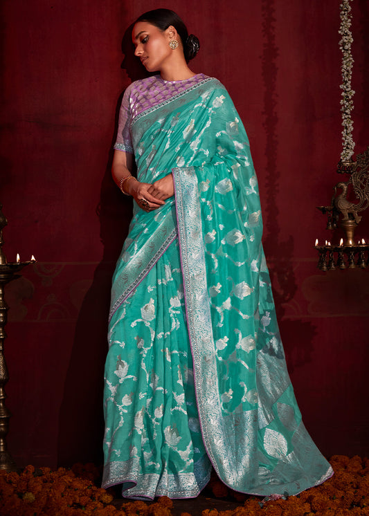 Turquoise Blue Zari Woven Khadi Silk Saree with Contrast Blouse