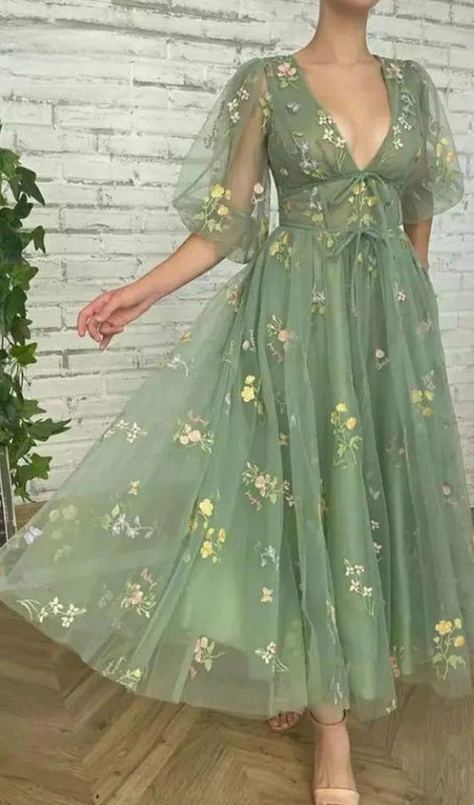 Sage Green Ankle Length Lace Prom Dress with Bubble Sleeves