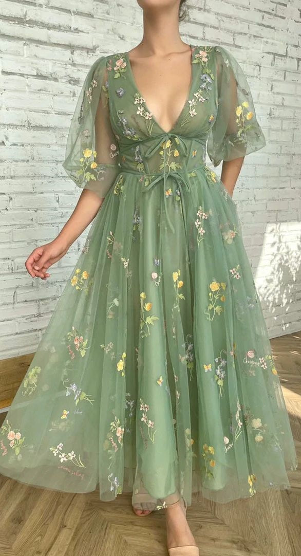 Sage Green Ankle Length Lace Prom Dress with Bubble Sleeves