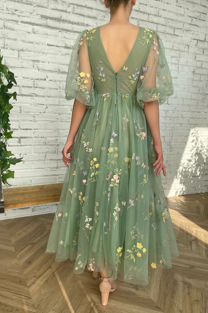 Sage Green Ankle Length Lace Prom Dress with Bubble Sleeves