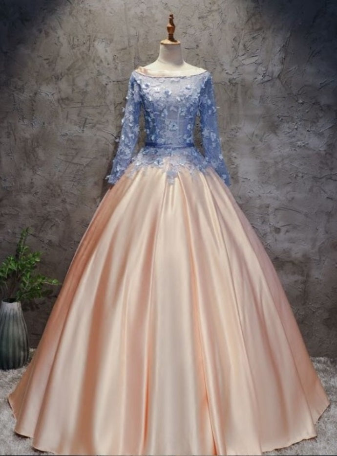 Scoop Neck Blush Pink Ball Gown Prom Dress with Sleeves,121309