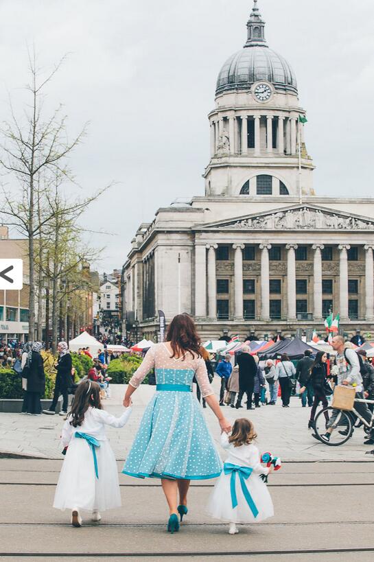 Short Blue Polka Dot Wedding Dress with 3/4 SleevesTea Length Short Vintage Wedding Dress,20110943